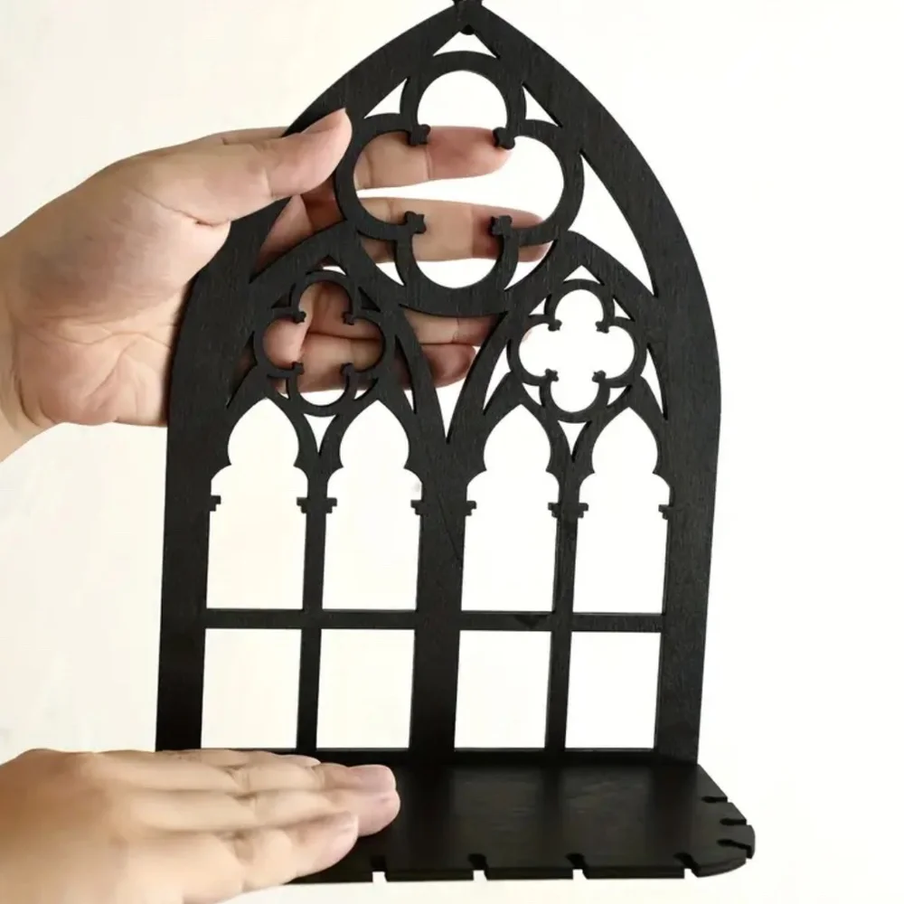 NEW! Set of 3 Wooden Classic Gothic Cathedral Wall Shelves in Black!
